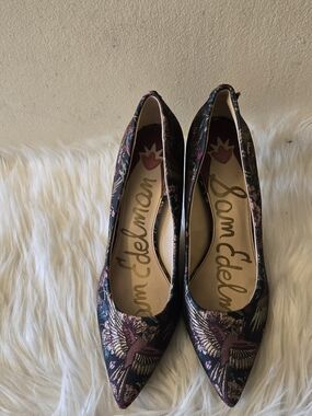 Sam Edelman Women's Pointed Toe Floral Brocade Pumps Purple Black Size 7.5M-37.5